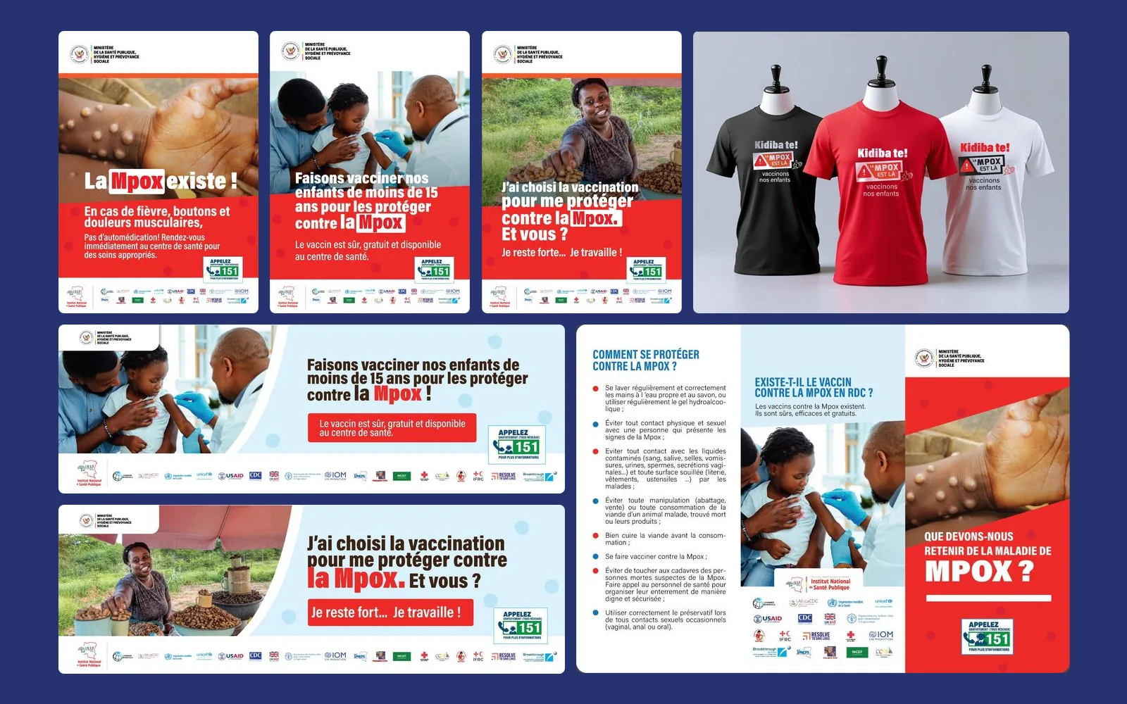 Affiches, banderoles, dépliant et t-shirts de la campagne Mpox réalisés par The Coach