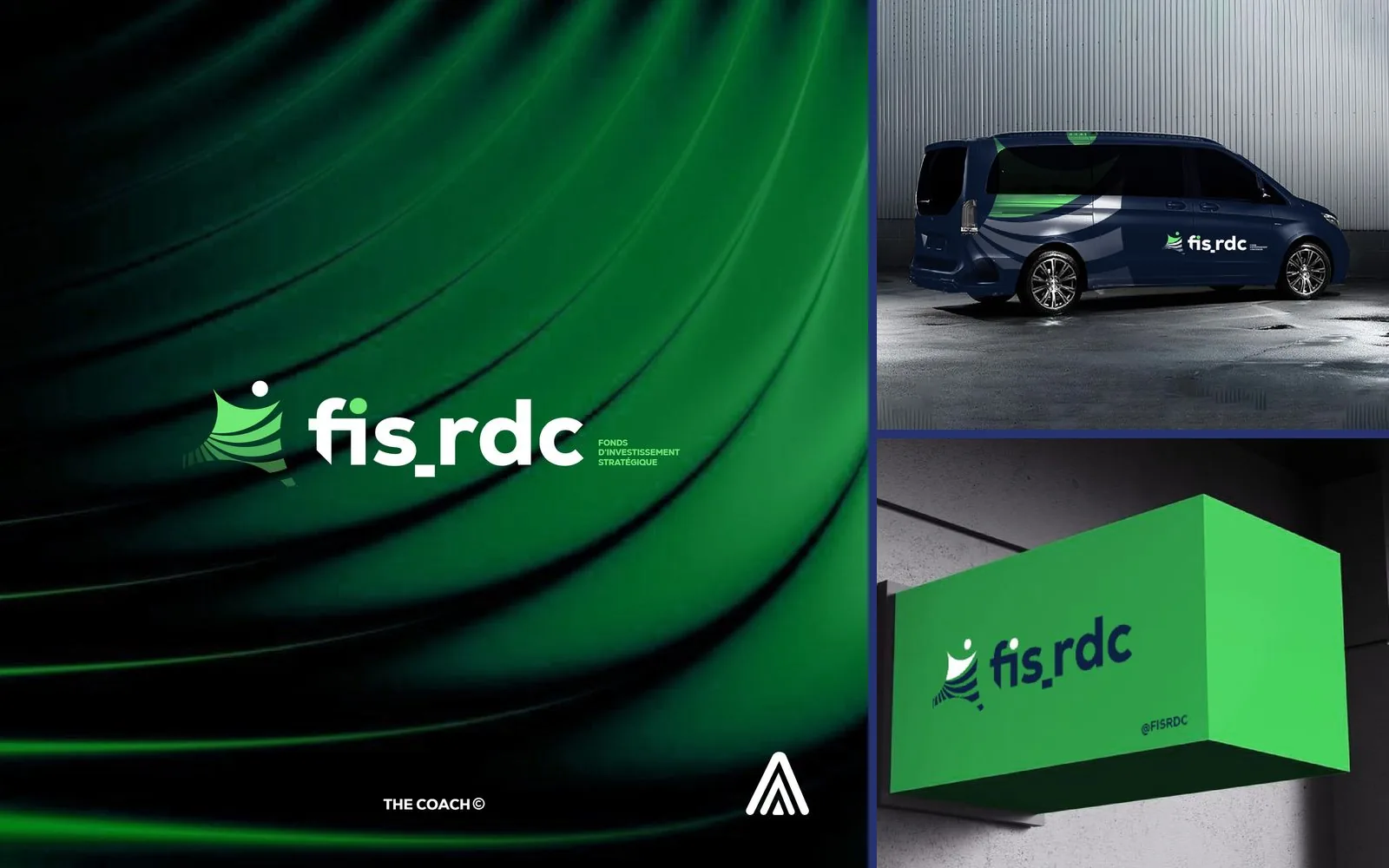 Logo FIS RDC conçu par The Coach, avec ses déclinaisons sur un véhicule et sur une enseigne